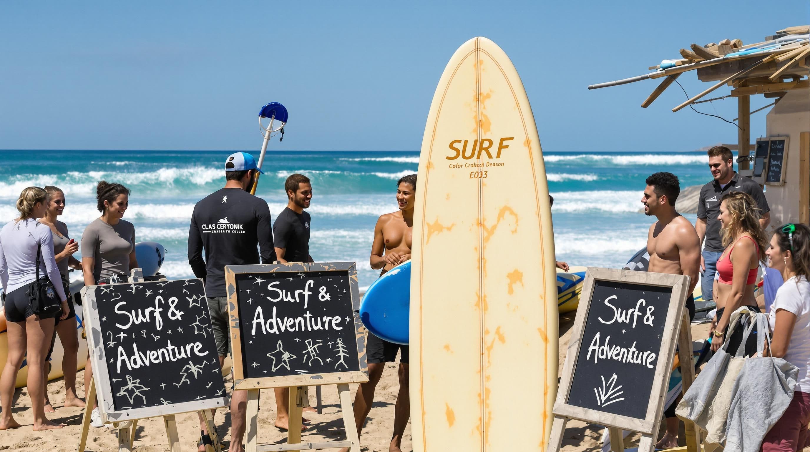 Surf students and instructors at Taghazout with surf school board