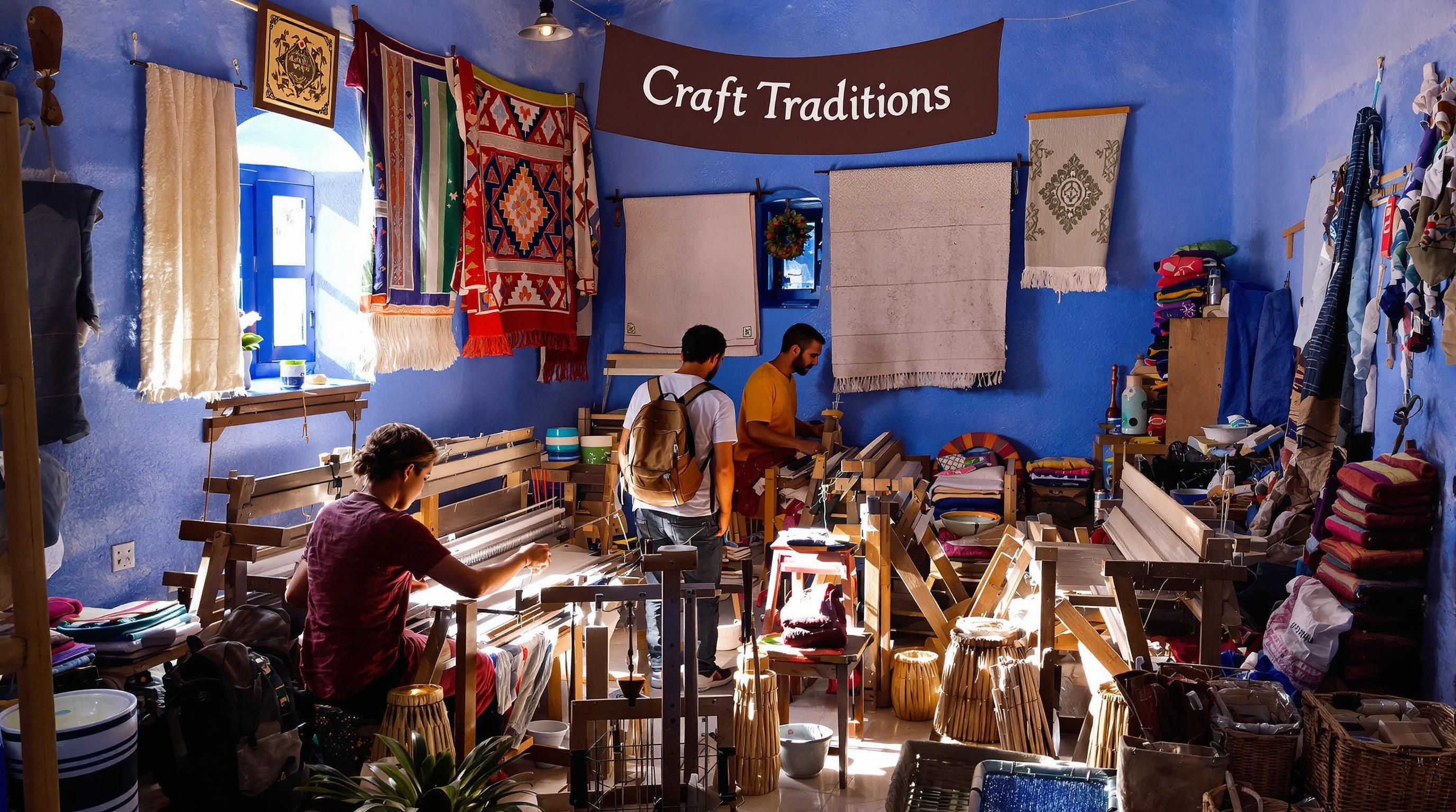 Artisans weaving textiles in Chefchaouen workshop with traveler observing