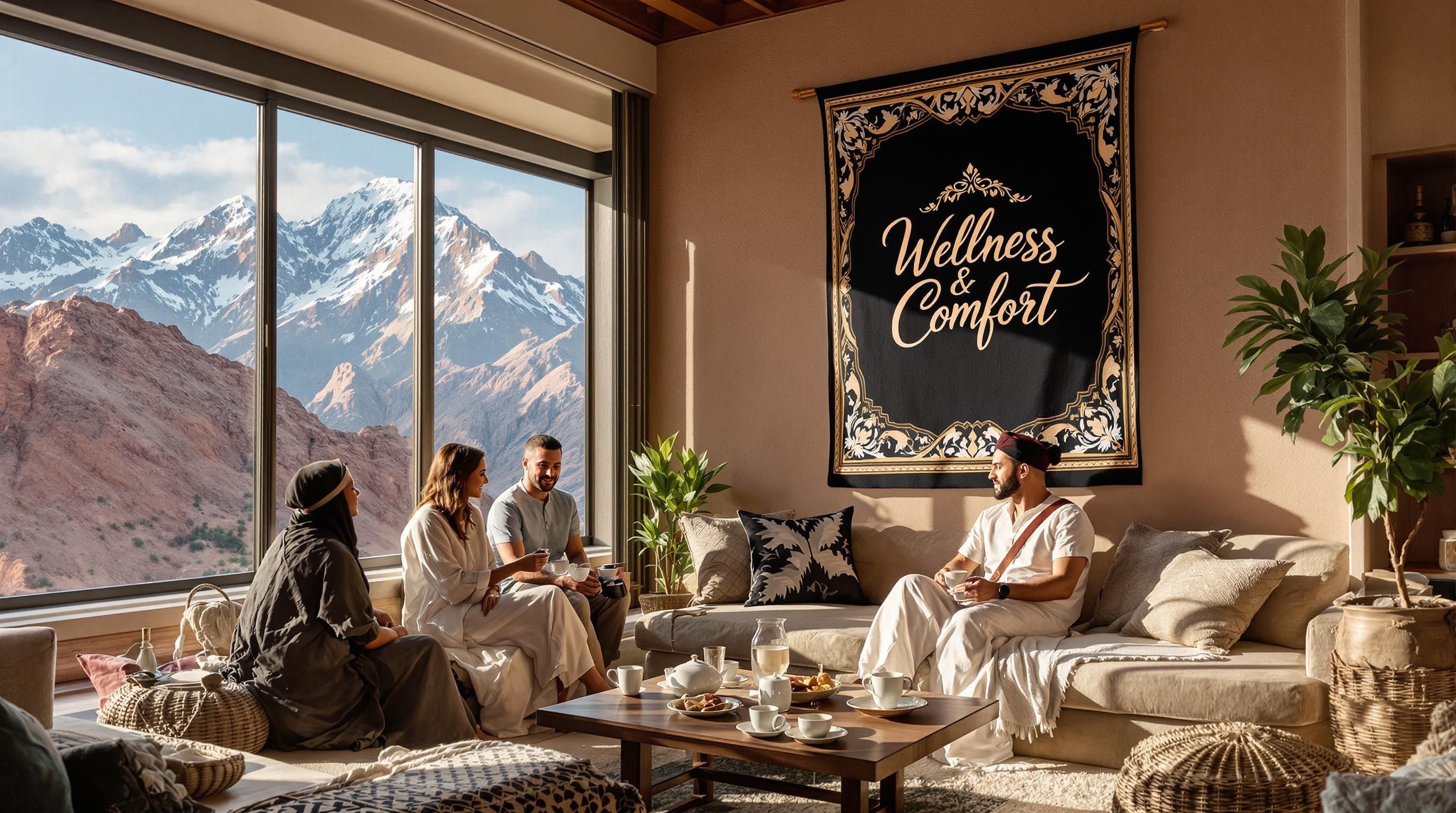 Travelers relax in Atlas eco-lodge with wellness tapestry, mountain view