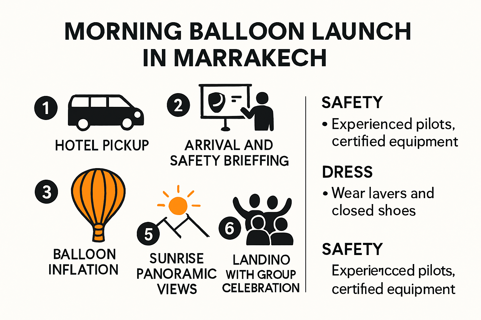 Step-by-step infographic on Marrakech balloon launch process