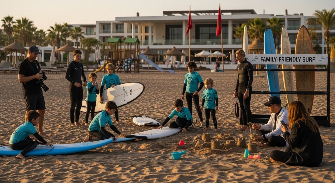 family surf Moroccan resort beach