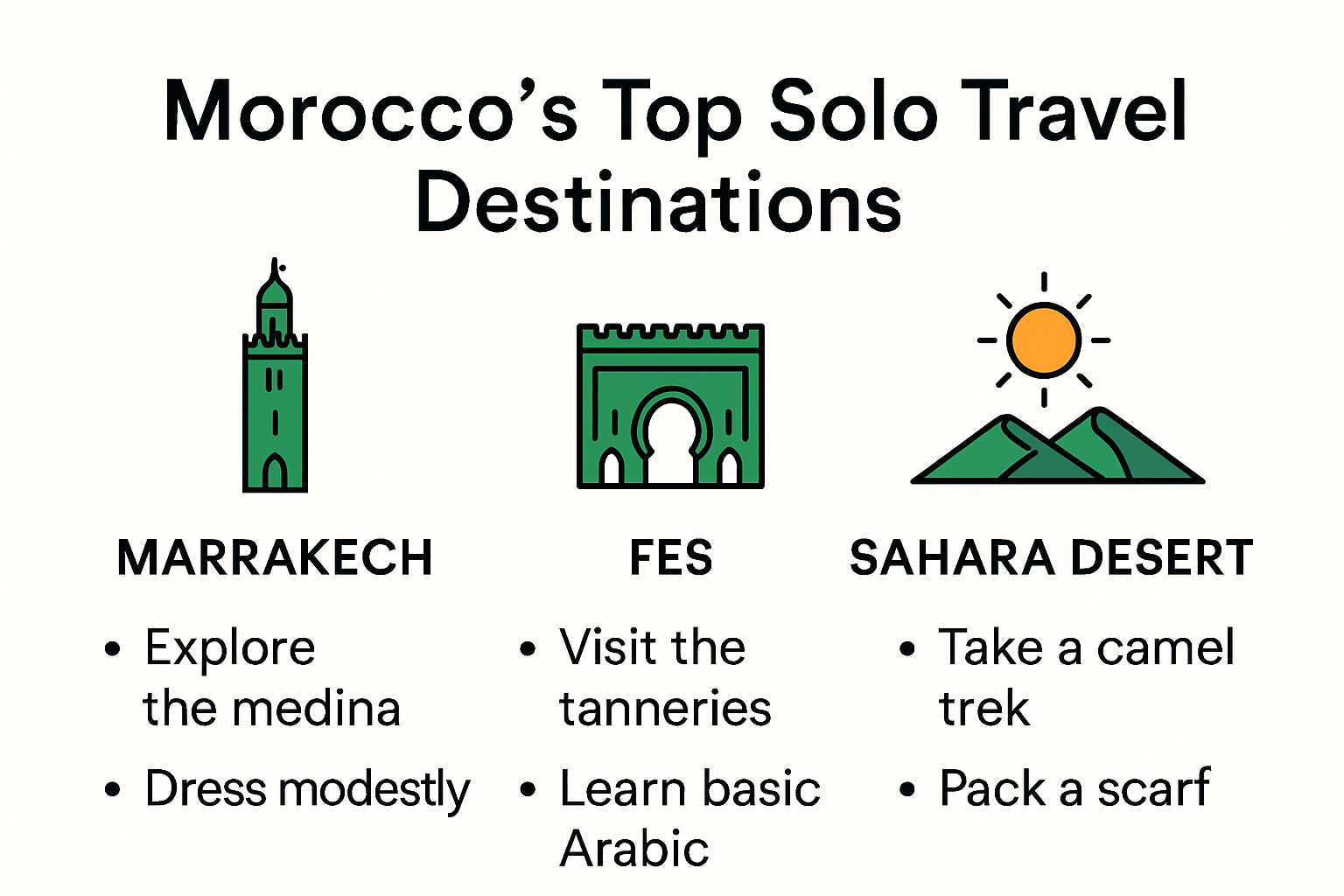 Infographic comparing top Morocco destinations for solo travelers