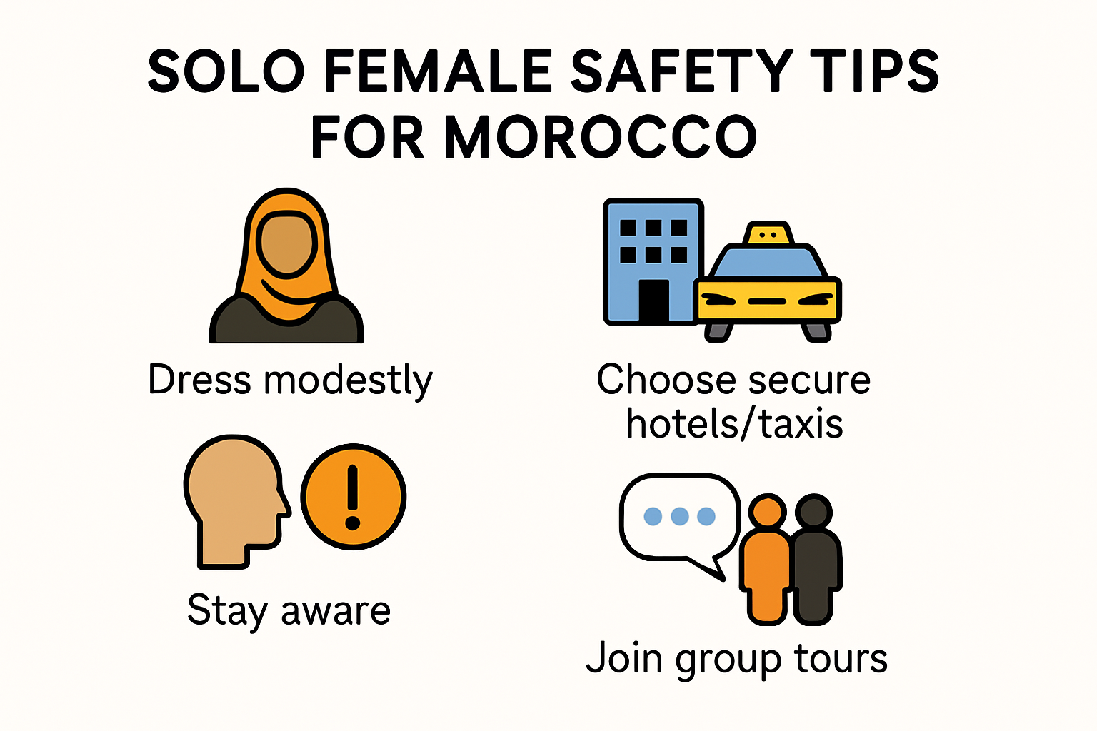 Infographic summarizing Morocco solo female safety tips
