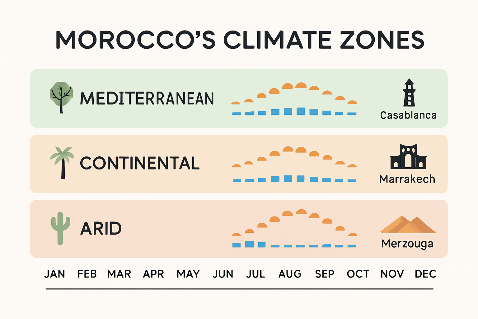 Infographic climate zones and Morocco weather by month