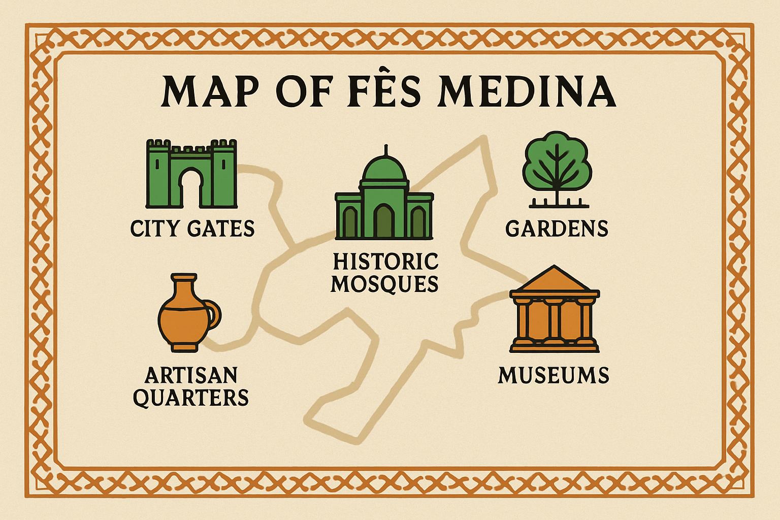 Infographic map of key Fes Medina sights