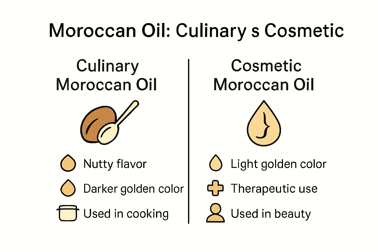 Infographic comparing culinary and cosmetic Moroccan oil key features with icons.