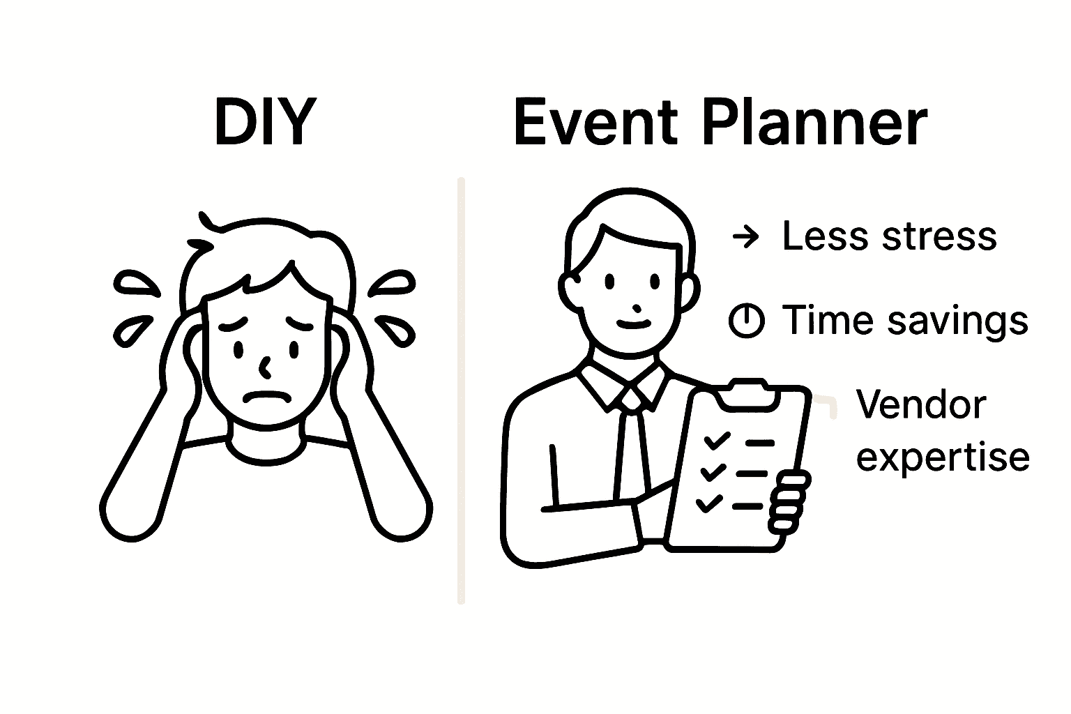 DIY party planning versus event planner comparison with stress and expertise icons