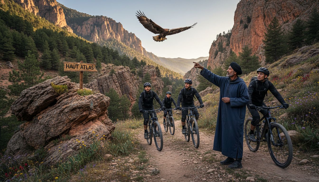 Mountain bikers and guide in Atlas national park