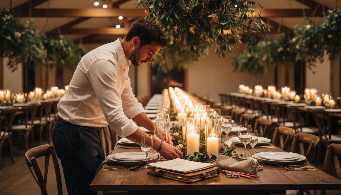 Wedding planner arranging banquet table details