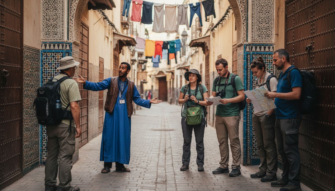 Tour guide leads group in Fez medina