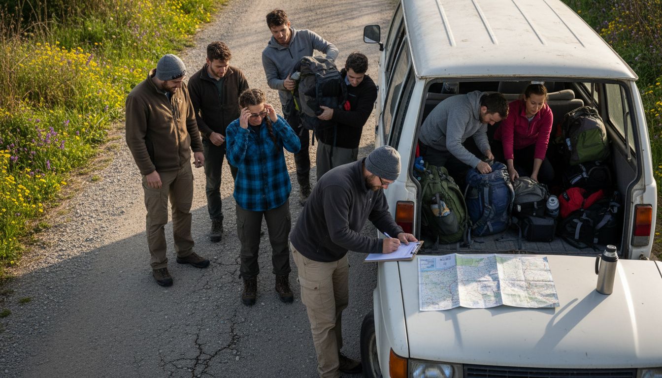 Tour group loading bags into travel van