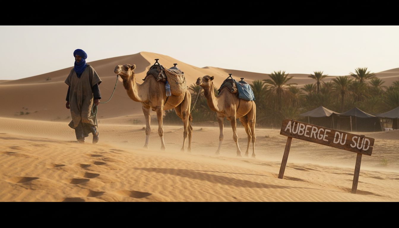 Berber guide leads camels across Sahara