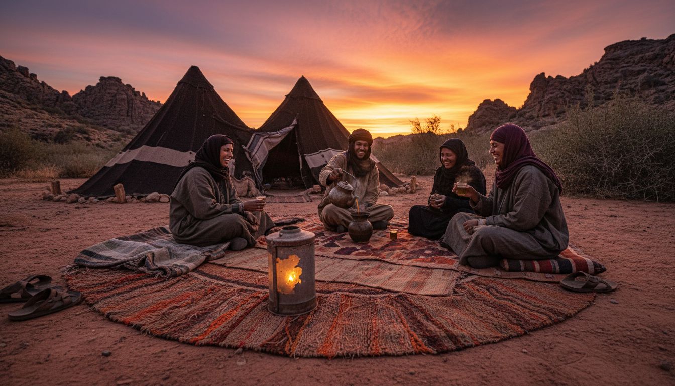 Berber camp evening scene in Moroccan desert