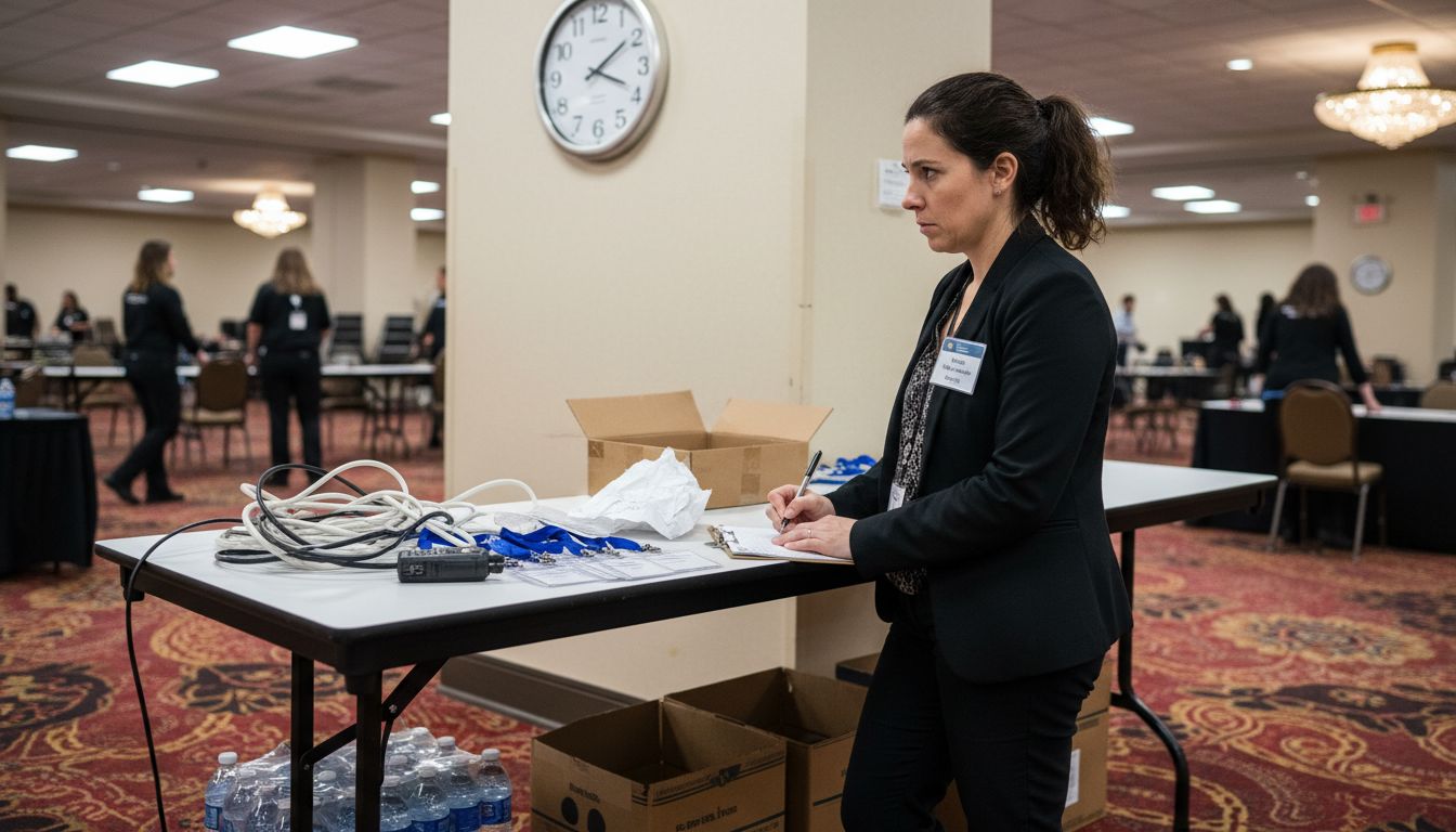Event coordinator managing ballroom logistics
