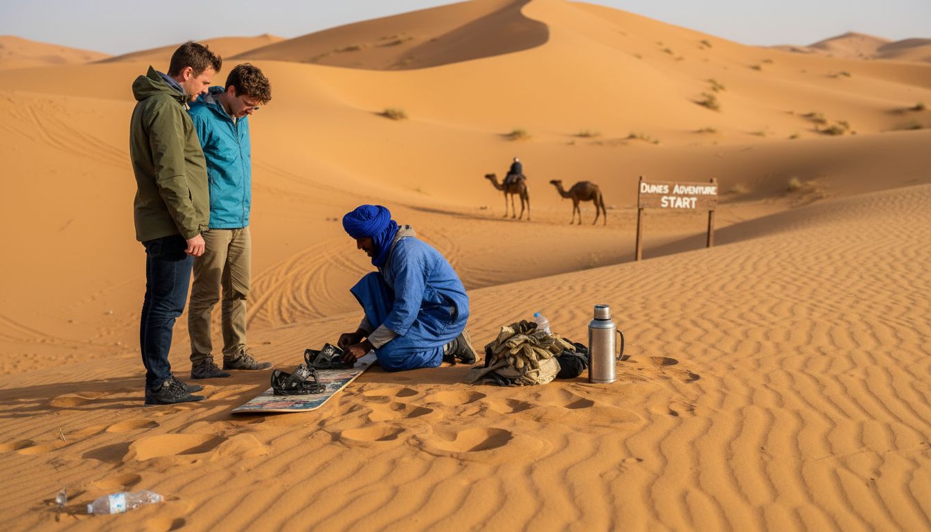 Tourists preparing for sandboarding in Merzouga dunes