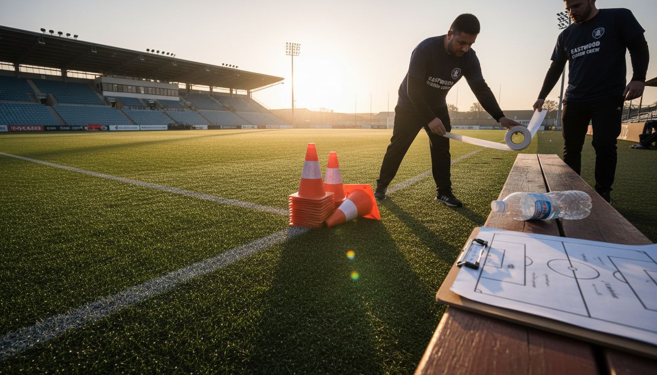 Staff preparing soccer field with equipment