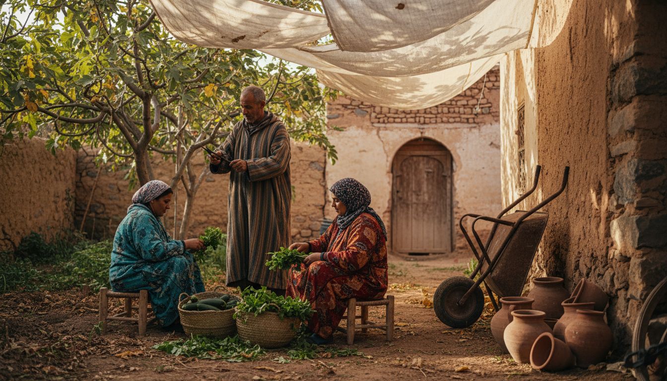 Villagers harvesting in traditional Moroccan garden
