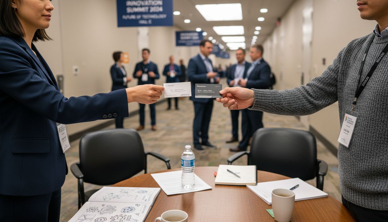Exchanging business cards at networking event