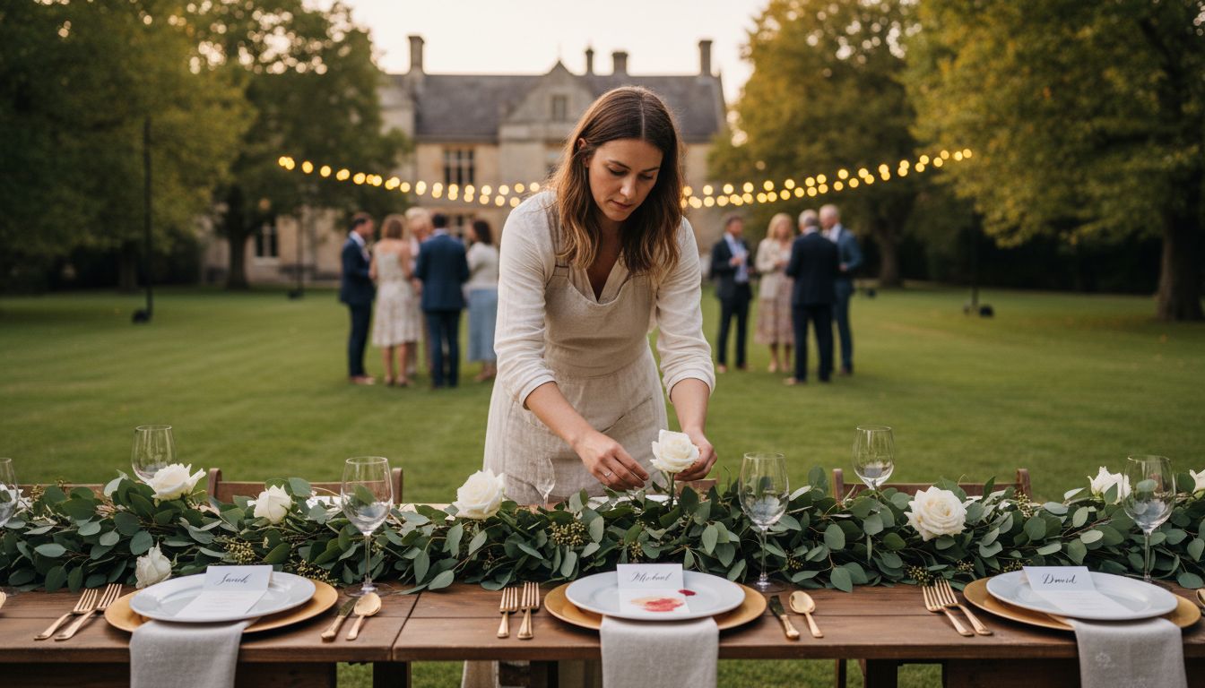 Florist arranges table at luxury outdoor wedding