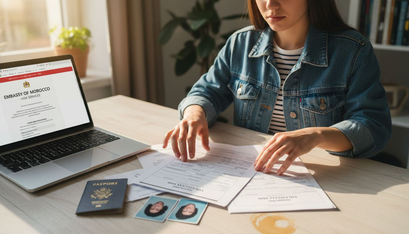 Woman organizing Morocco visa application documents