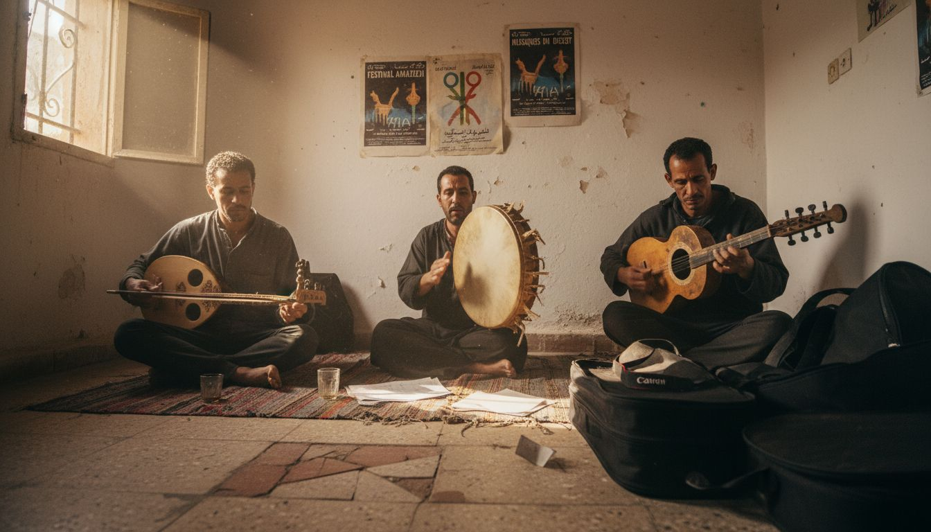 Musicians with rabab, bendir, and guembri