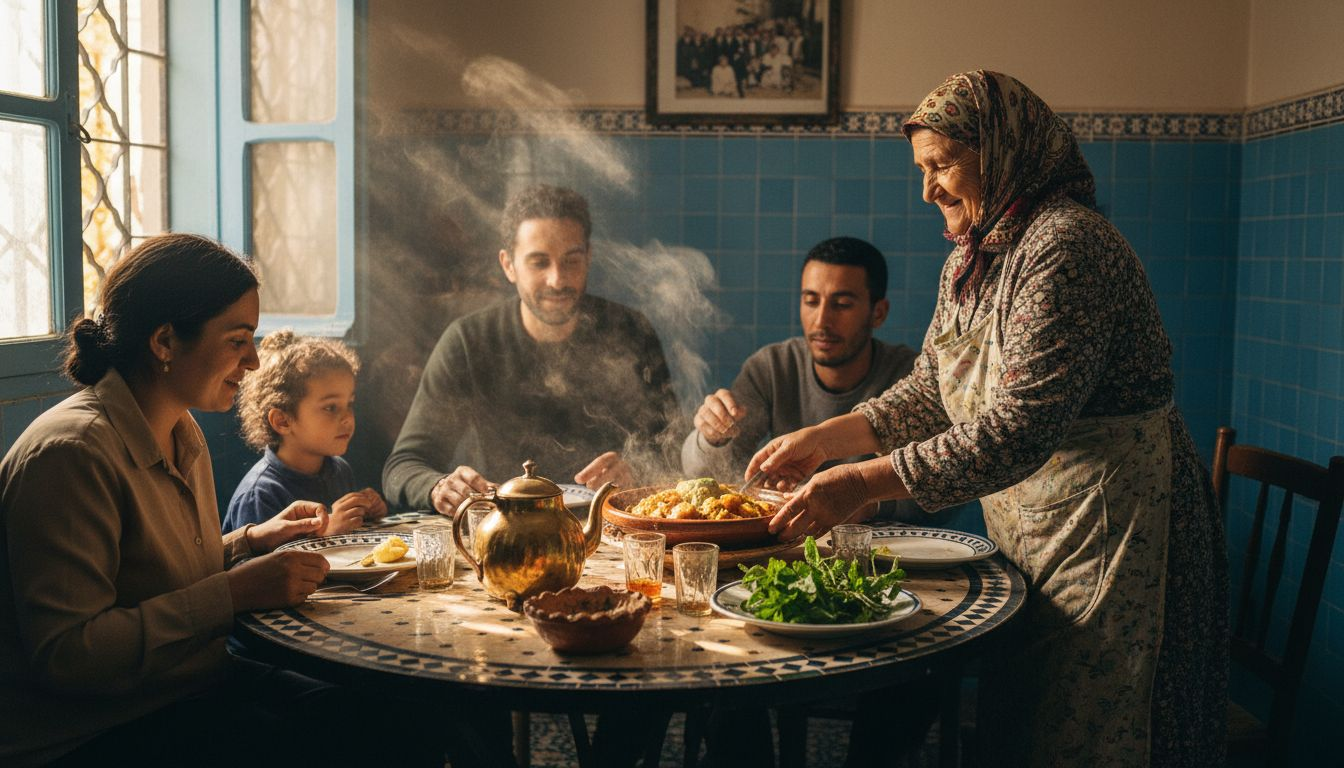 Moroccan family sharing traditional meal and tea