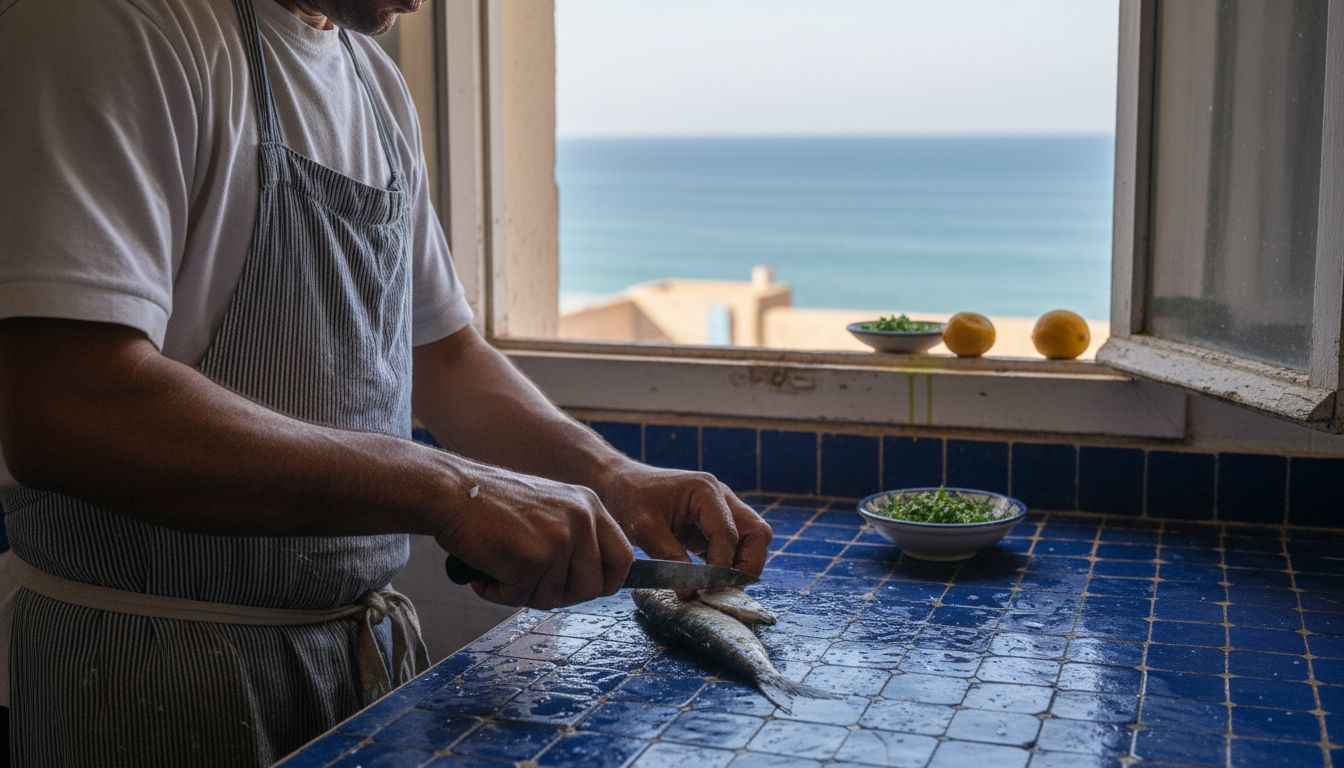 Chef preparing fresh sardines at window