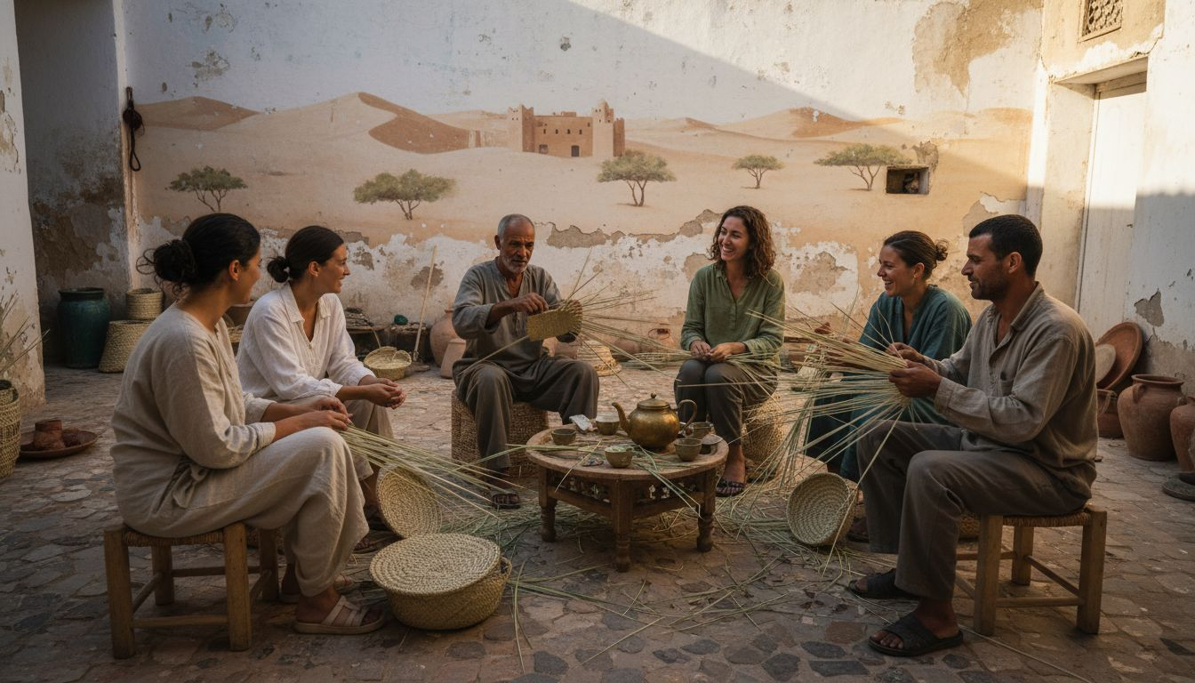 Travelers learning basket weaving with locals