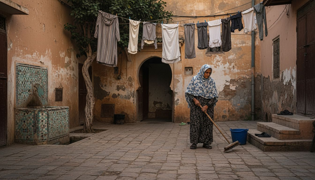 Woman sweeping shaded courtyard in Marrakech medina