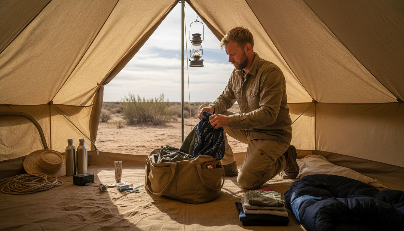 Traveler packs essentials in desert tent