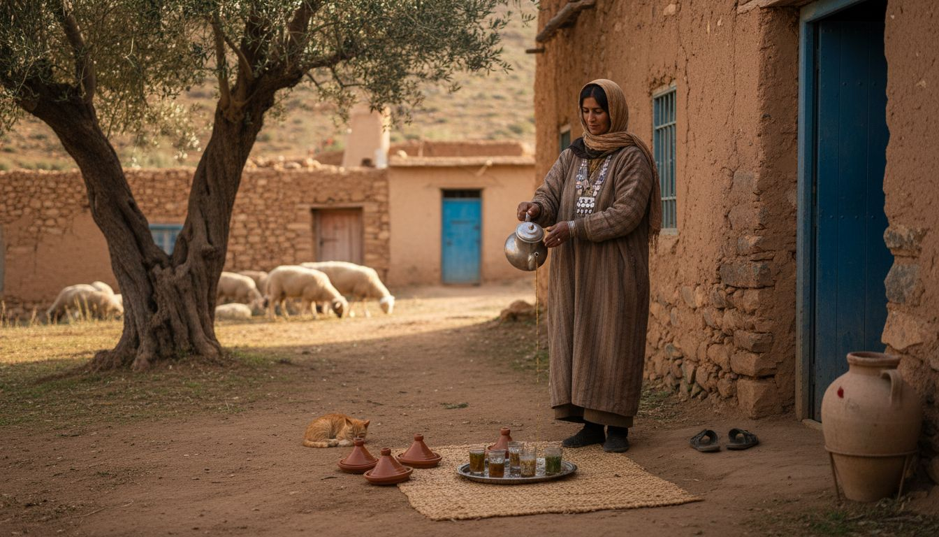Berber woman pouring tea Atlas village