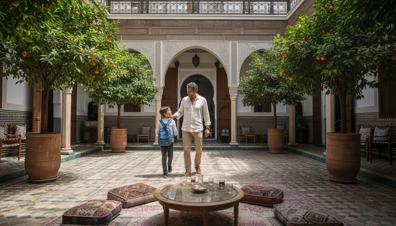 Family touring affordable Moroccan riad courtyard