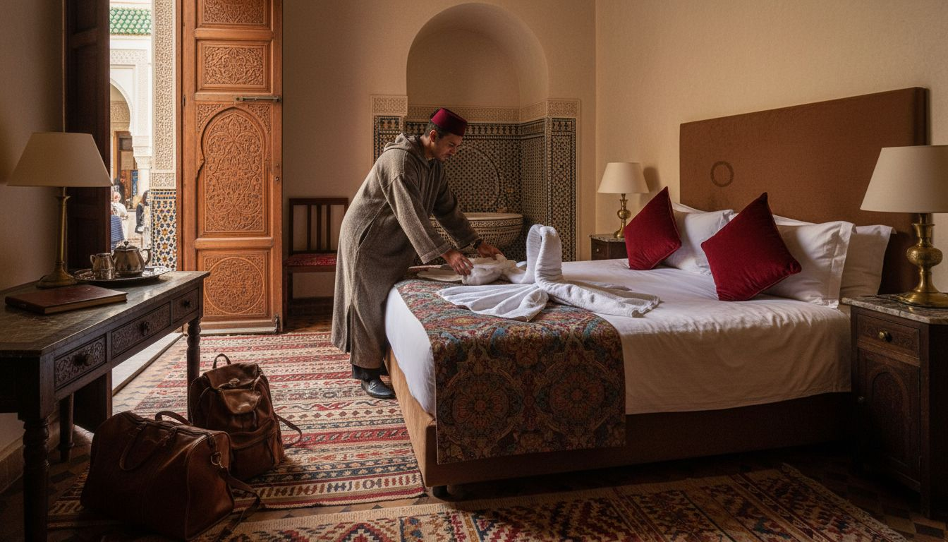 Luxury riad suite interior with staff