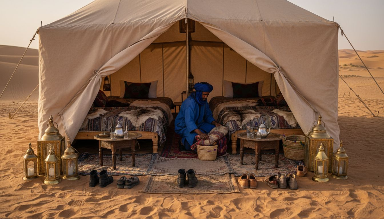 Host prepares beds in Sahara luxury camp