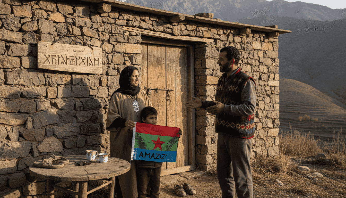 Atlas Mountain Berber family speaking outside home