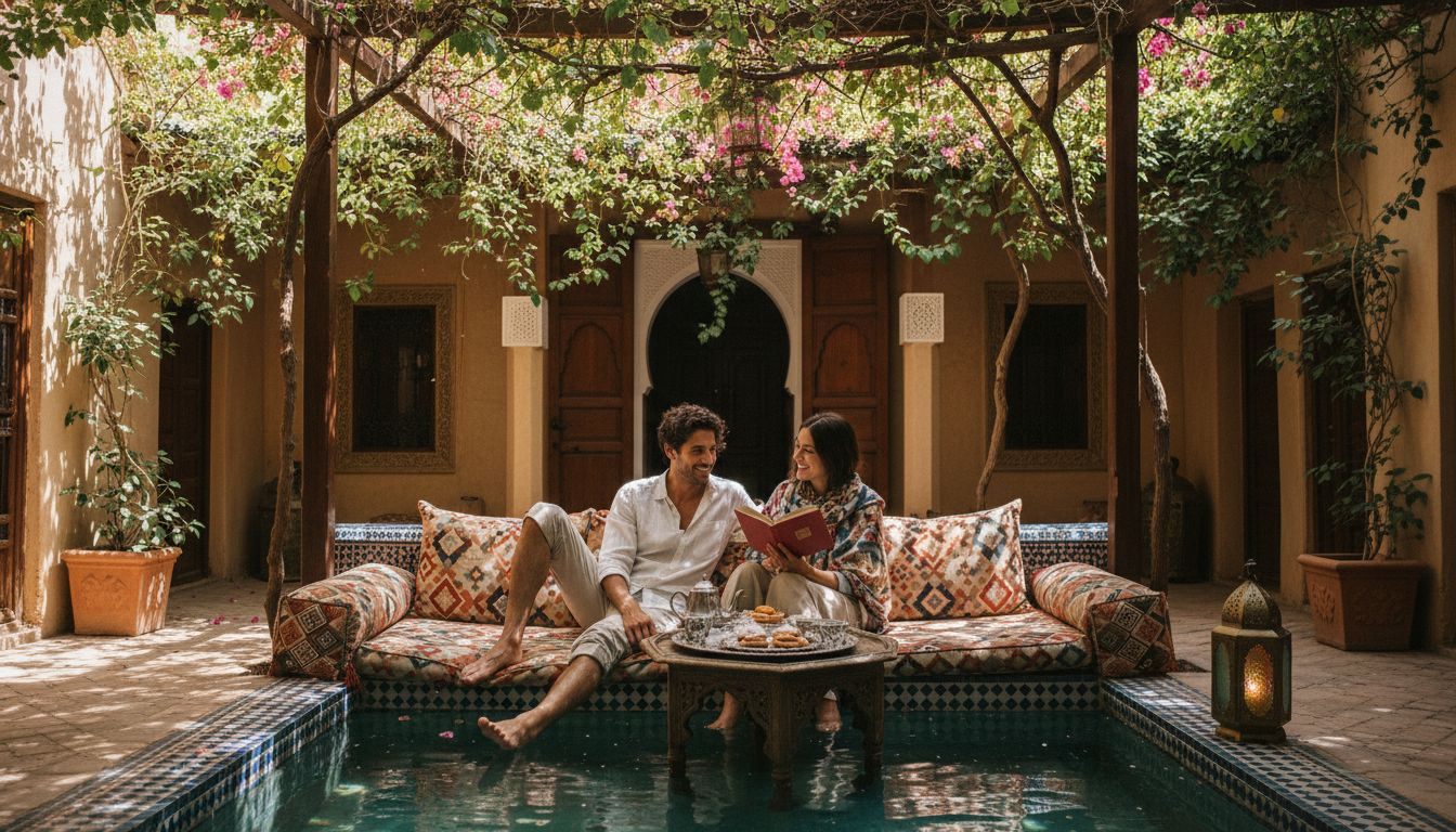 Couple by private plunge pool in Moroccan riad