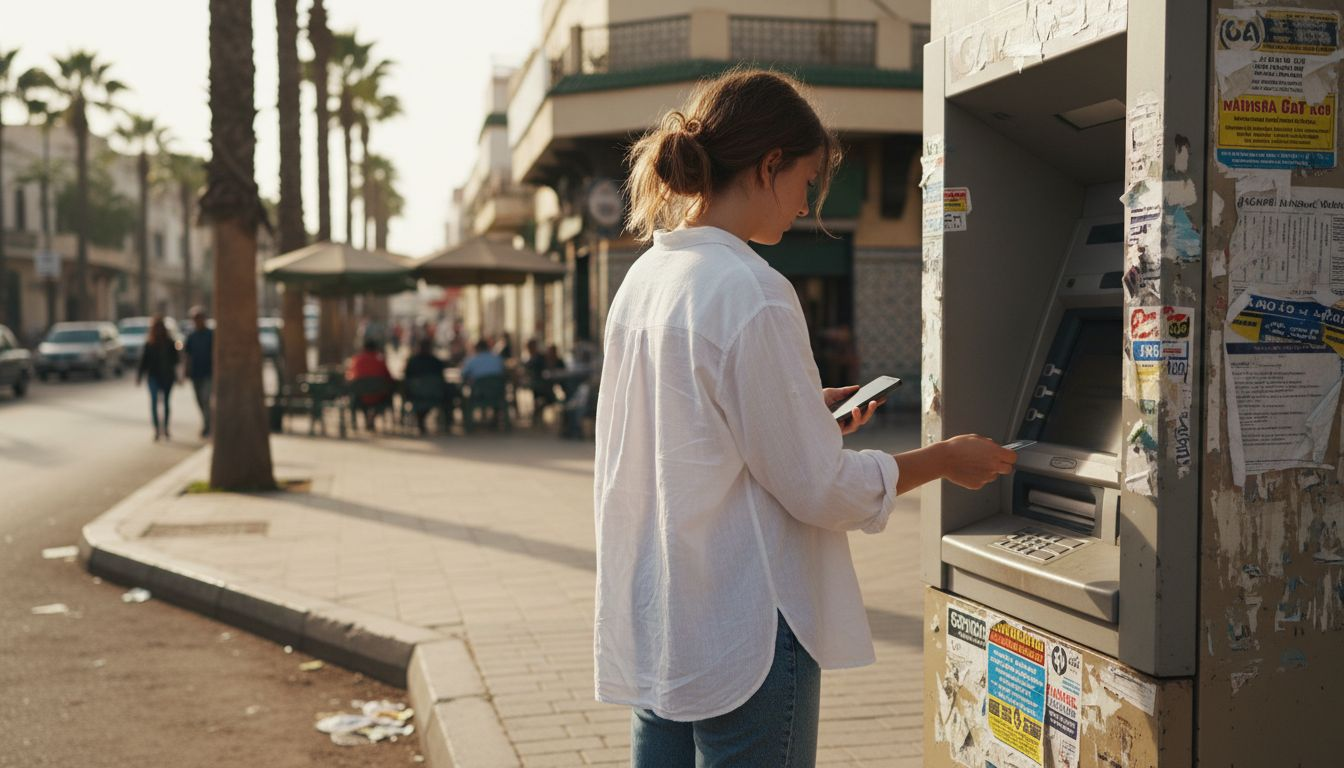 Woman withdrawing cash at Moroccan ATM