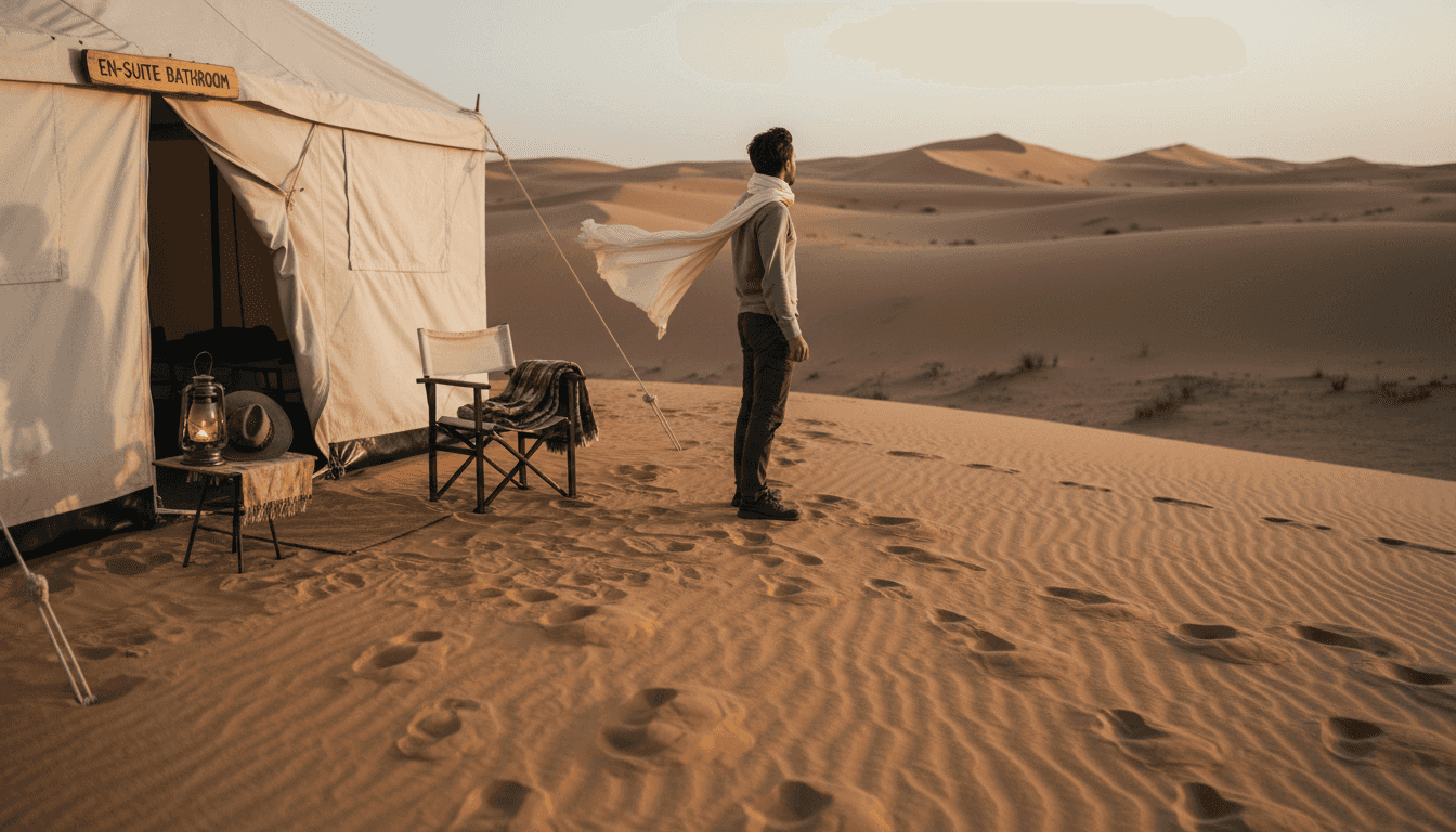 Luxury tent in Sahara desert at sunset
