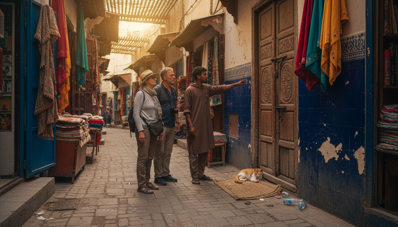 Guide leading tourists in Fes medina alley
