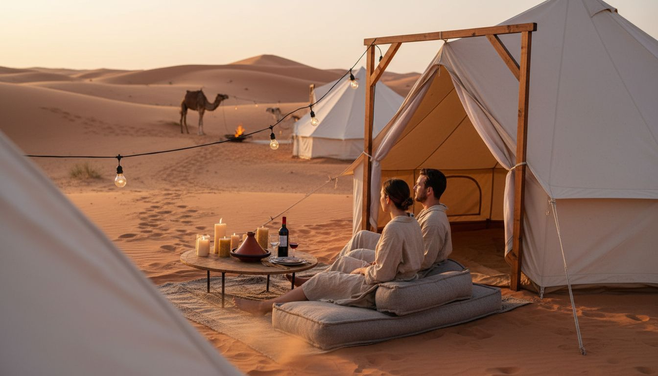 Travelers enjoy sunset at Sahara luxury camp