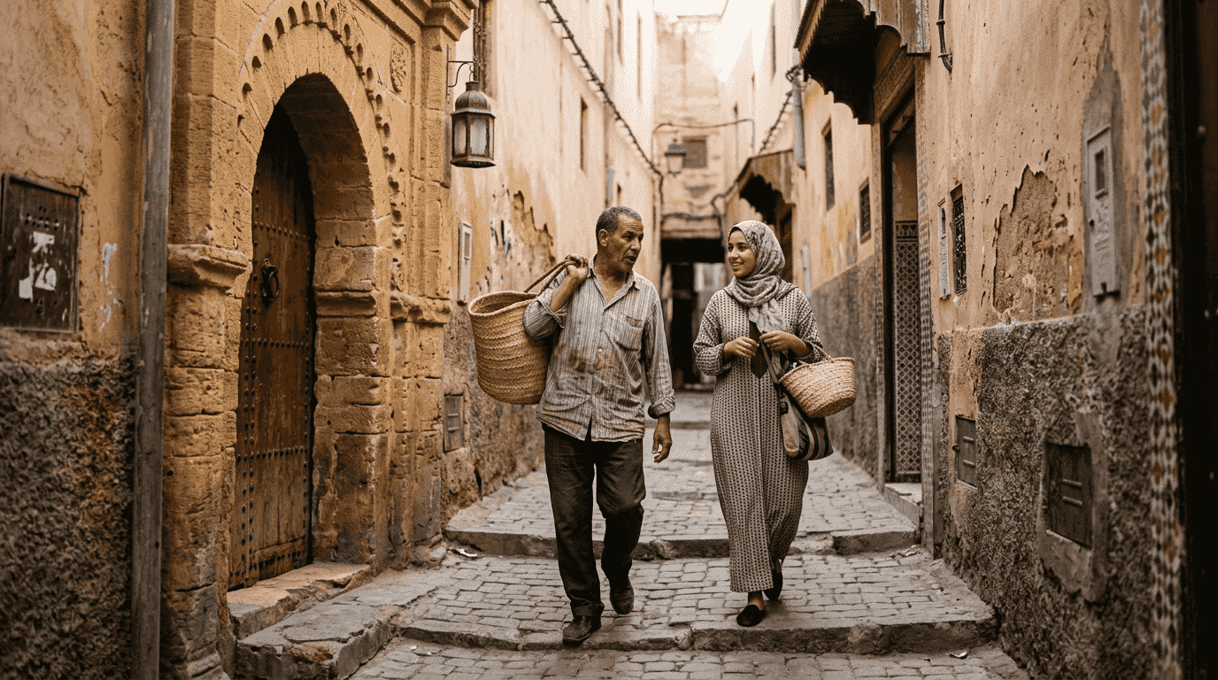 Residents walk through shaded Medina alley