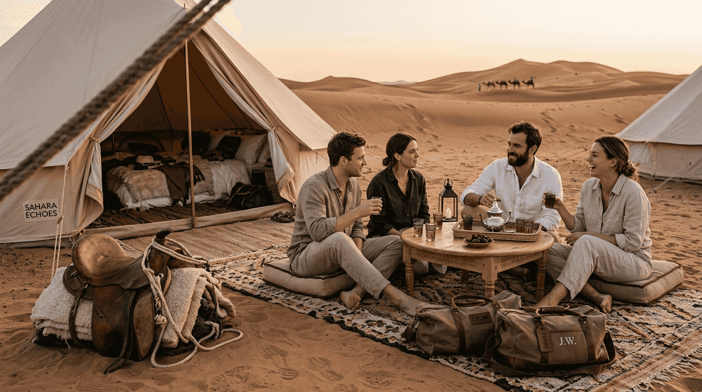 Luxury Sahara camp with guests and tents