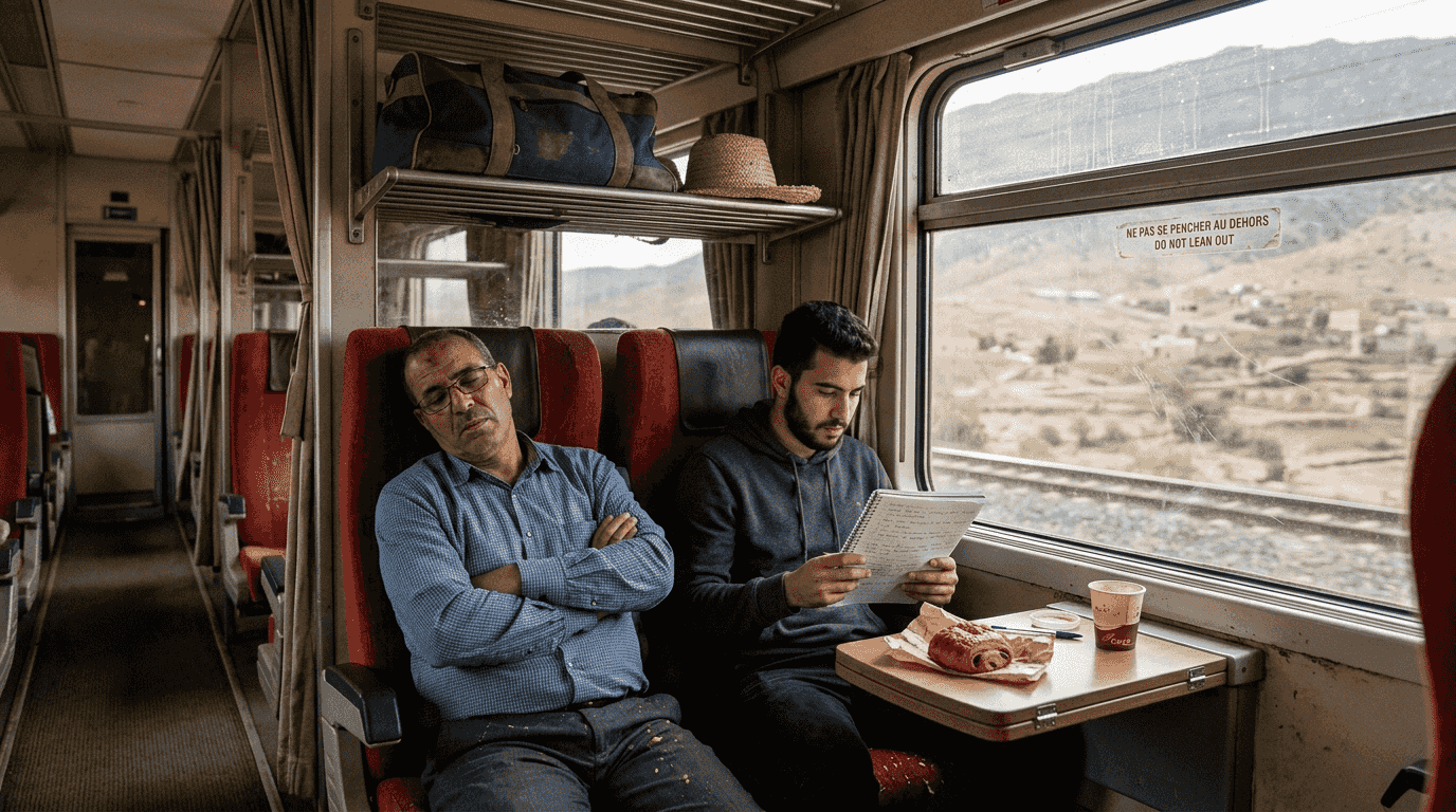 First class Moroccan train interior with passengers