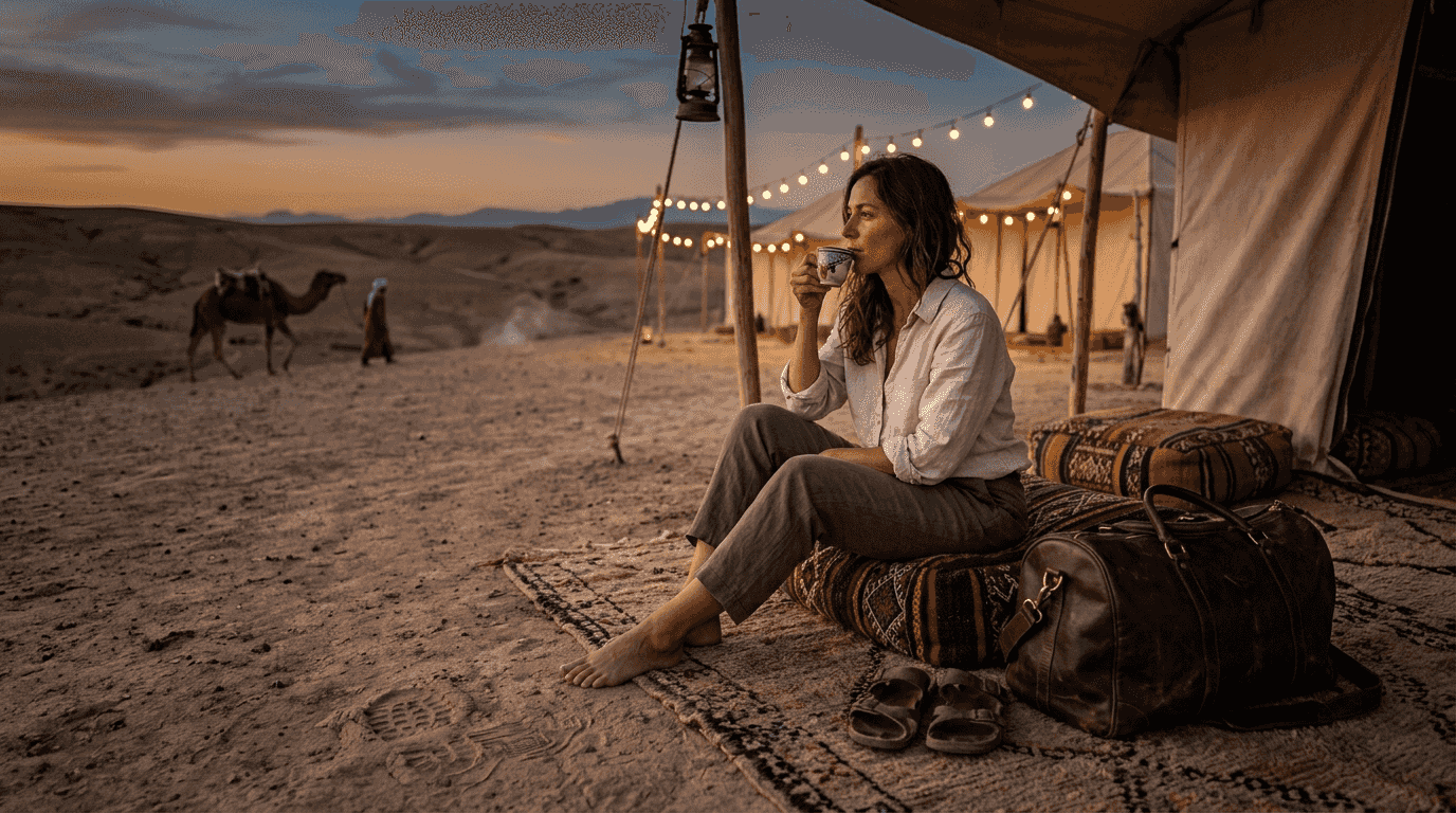 Traveler relaxing at luxury Moroccan desert camp