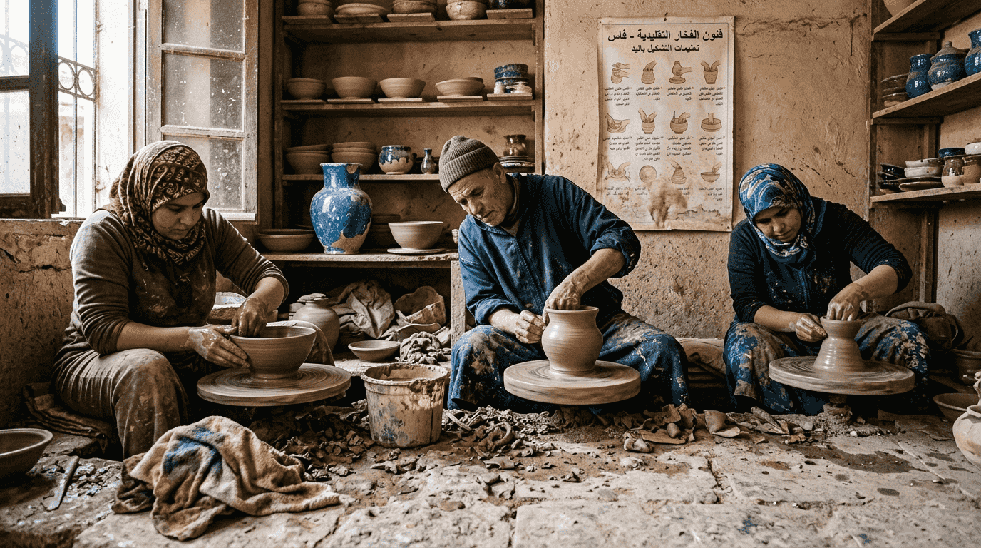 Artisans shaping clay in Moroccan pottery studio