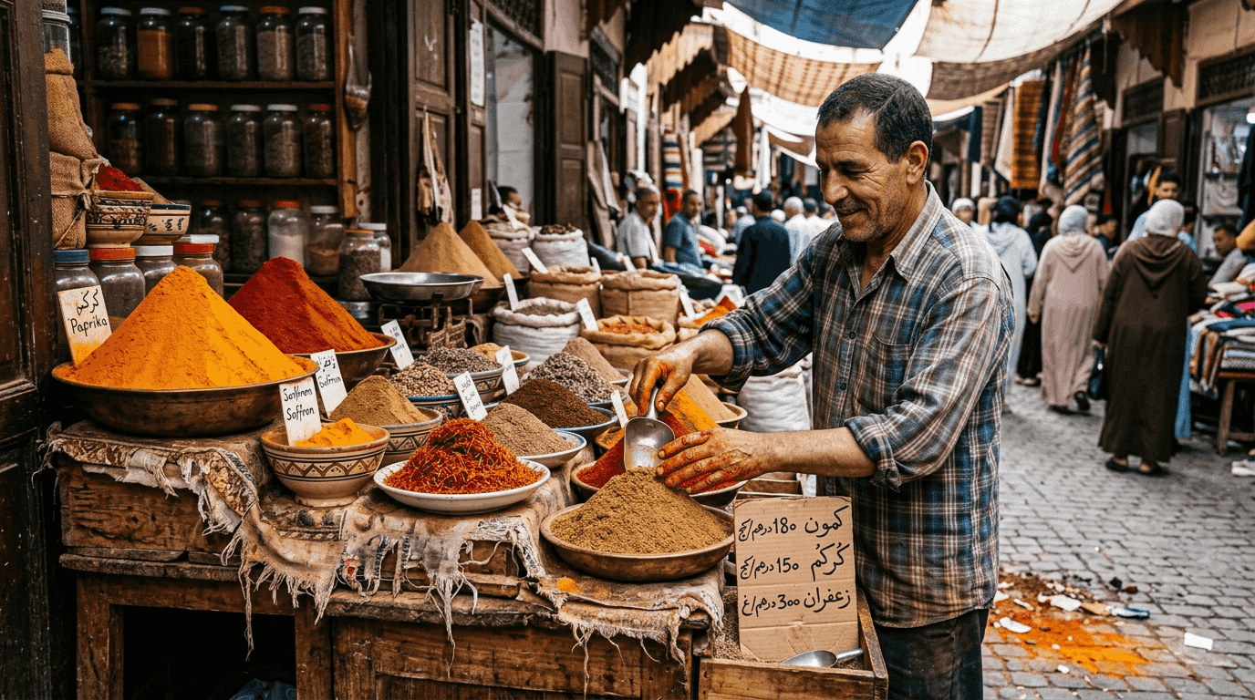 Moroccan spice vendor arranging colorful pyramids