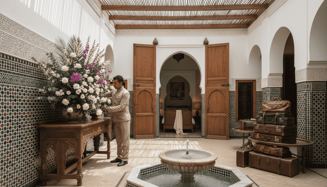 Moroccan riad courtyard with staff and fountain