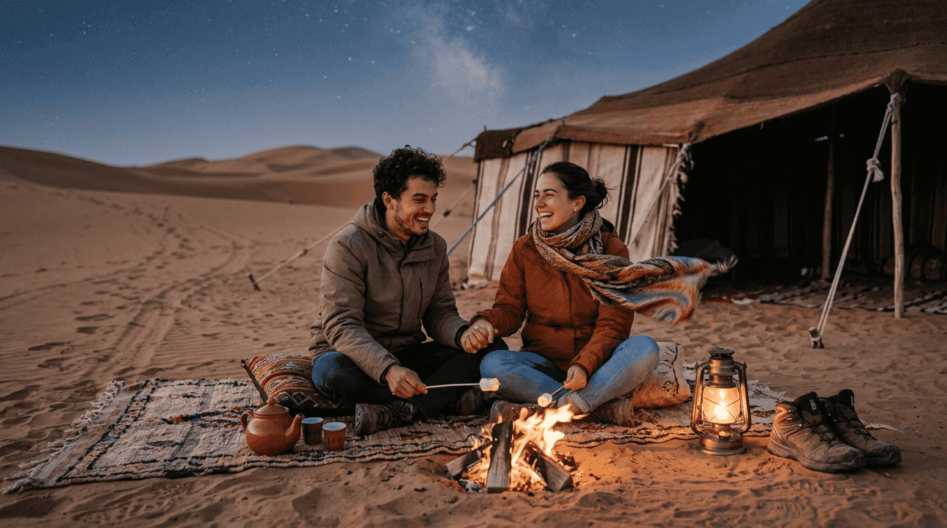 Couple at desert campfire with Berber tent