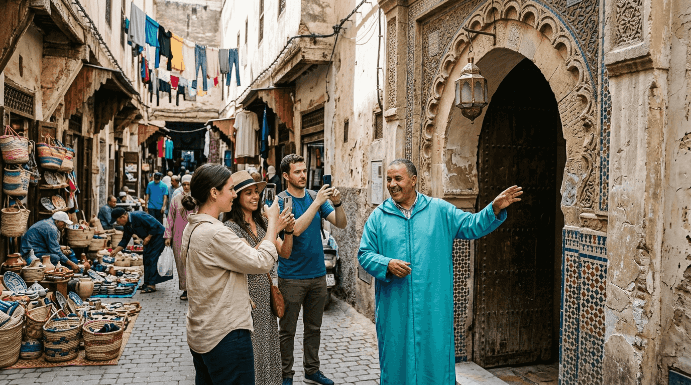 Tour group entering Fes historic medina