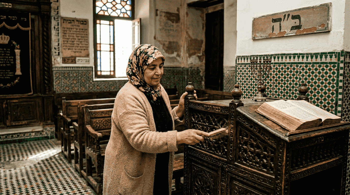 Ibn Danan Synagogue caretaker, detailed interior view